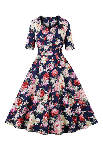 Navy Floral Estampado Swing 1950s Vestido com mangas curtas